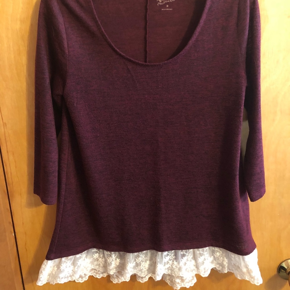 Wine colored sweater with cream colored lace trim